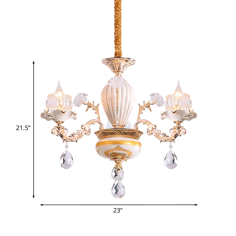 3 Bulbs Ceiling Chandelier Postmodern Flower Buds Crystal Hanging Light with Ceramic Accent, Gold Clearhalo 'Ceiling Lights' 'Chandeliers' Lighting' options 1193174