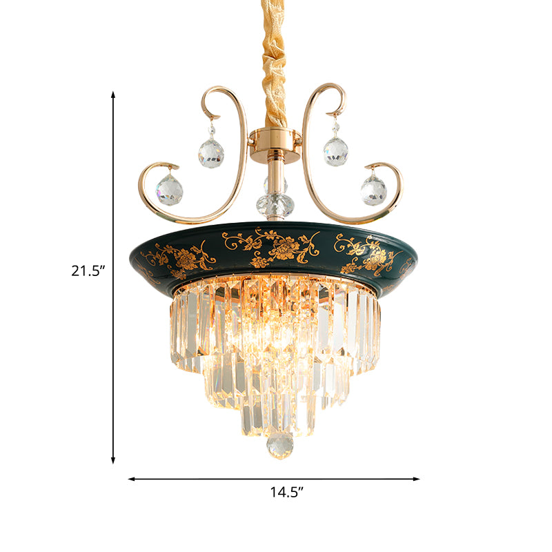 Tiered Tapered Crystal Down Lighting Modernism 3-Light Dining Table Chandelier Pendant with Flower Edge in Green Clearhalo 'Ceiling Lights' 'Chandeliers' 'Modern Chandeliers' 'Modern' Lighting' 1193178