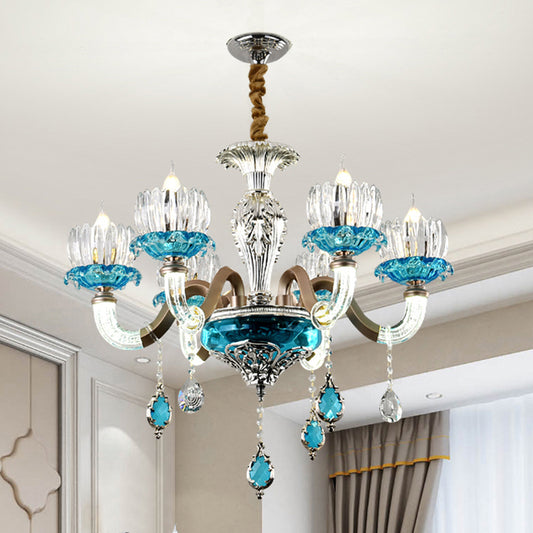 Mid-Century Lotus Buds Chandelier 6 Bulbs Clear and Blue Crystal Suspension Light for Restaurant Clearhalo 'Ceiling Lights' 'Chandeliers' Lighting' options 1193187