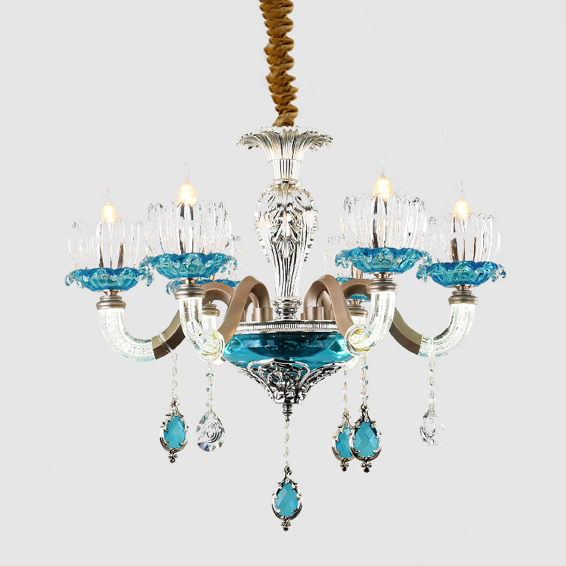 Mid-Century Lotus Buds Chandelier 6 Bulbs Clear and Blue Crystal Suspension Light for Restaurant Clearhalo 'Ceiling Lights' 'Chandeliers' Lighting' options 1193188