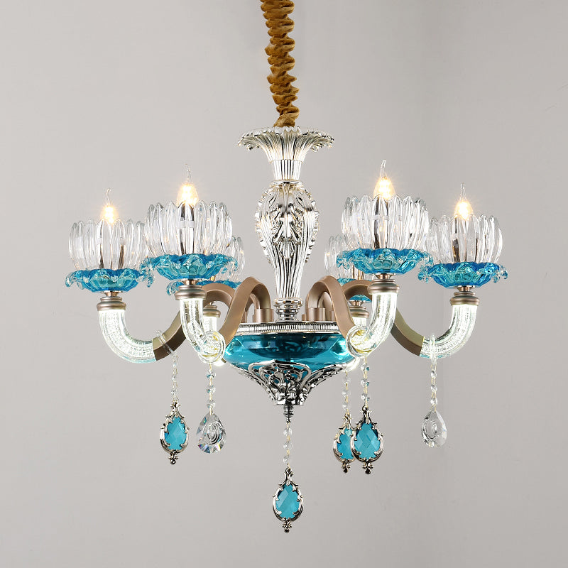 Mid-Century Lotus Buds Chandelier 6 Bulbs Clear and Blue Crystal Suspension Light for Restaurant Clearhalo 'Ceiling Lights' 'Chandeliers' Lighting' options 1193189