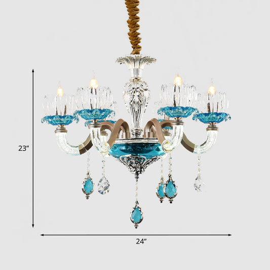 Mid-Century Lotus Buds Chandelier 6 Bulbs Clear and Blue Crystal Suspension Light for Restaurant Clearhalo 'Ceiling Lights' 'Chandeliers' Lighting' options 1193190