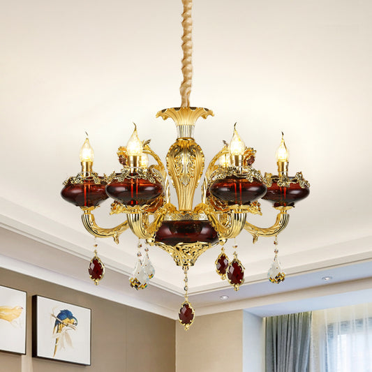 Red Glass Candelabra Chandelier Vintage 6-Head Suspended Lighting Fixture over Dining Table Clearhalo 'Ceiling Lights' 'Chandeliers' Lighting' options 1193191