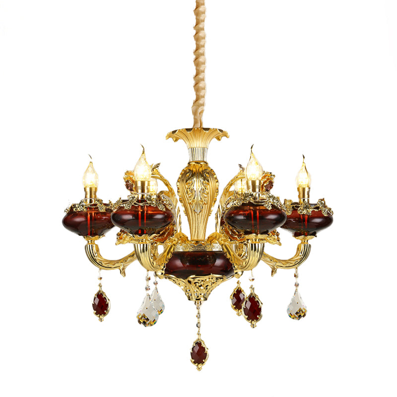 Red Glass Candelabra Chandelier Vintage 6-Head Suspended Lighting Fixture over Dining Table Clearhalo 'Ceiling Lights' 'Chandeliers' Lighting' options 1193192