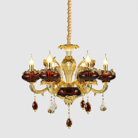 Red Glass Candelabra Chandelier Vintage 6-Head Suspended Lighting Fixture over Dining Table Clearhalo 'Ceiling Lights' 'Chandeliers' Lighting' options 1193193