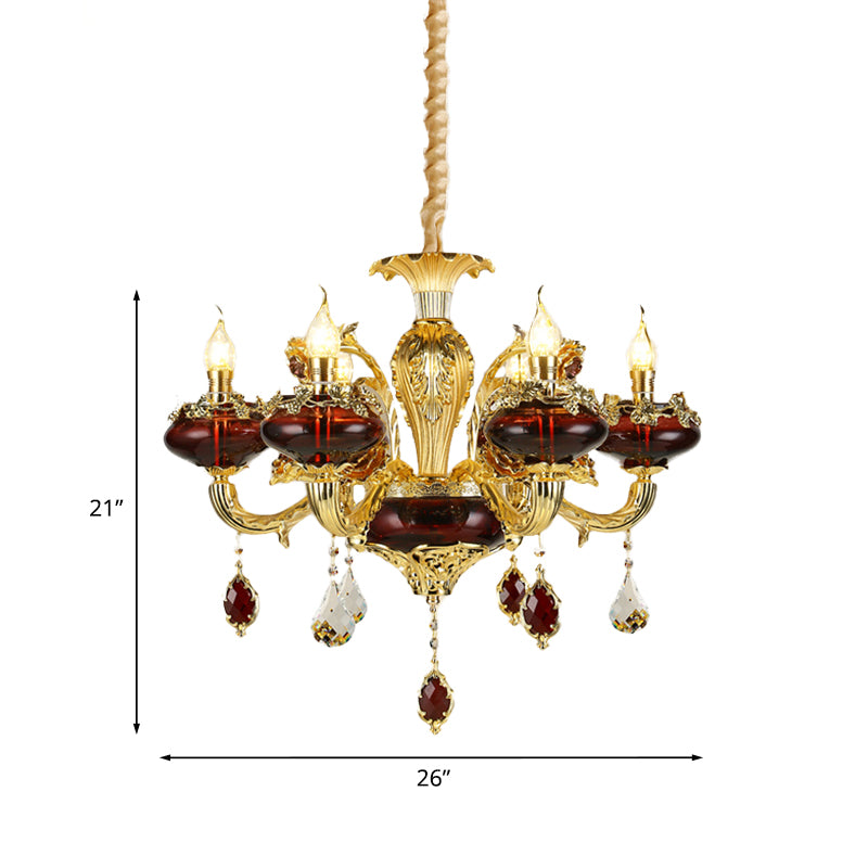 Red Glass Candelabra Chandelier Vintage 6-Head Suspended Lighting Fixture over Dining Table Clearhalo 'Ceiling Lights' 'Chandeliers' Lighting' options 1193194