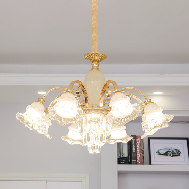 Gold 8 Lights Ceiling Pendant Modern Clear and Frosted Glass Flower Chandelier with Crystal Accent Gold Clearhalo 'Ceiling Lights' 'Chandeliers' 'Modern Chandeliers' 'Modern' Lighting' 1193195
