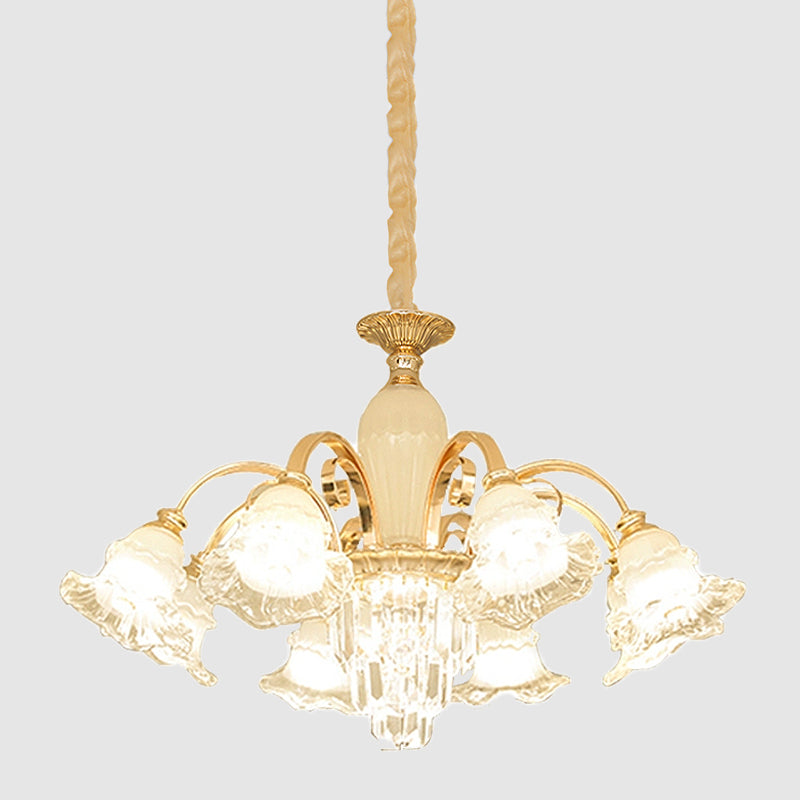 Gold 8 Lights Ceiling Pendant Modern Clear and Frosted Glass Flower Chandelier with Crystal Accent Clearhalo 'Ceiling Lights' 'Chandeliers' 'Modern Chandeliers' 'Modern' Lighting' 1193197