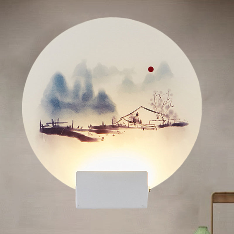 White Circular Mountain Mural Light Oriental Style LED Acrylic Wall Lighting Fixture White A Clearhalo 'Wall Lamps & Sconces' 'Wall Lights' Lighting' 1193210