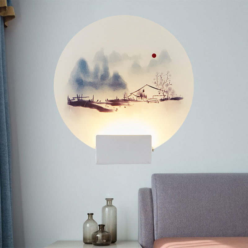 White Circular Mountain Mural Light Oriental Style LED Acrylic Wall Lighting Fixture Clearhalo 'Wall Lamps & Sconces' 'Wall Lights' Lighting' 1193211