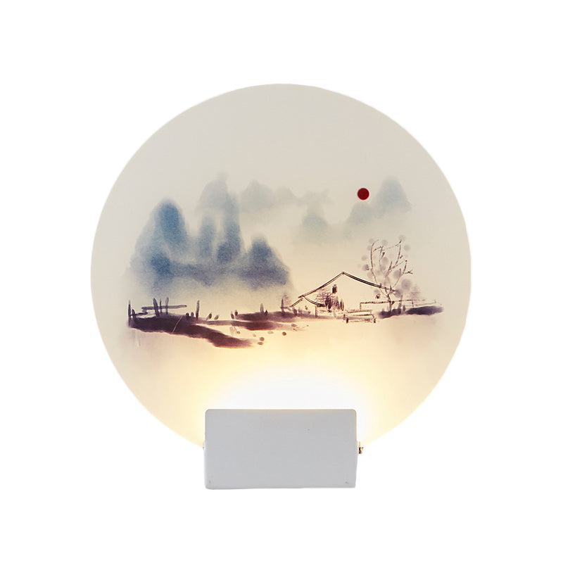 White Circular Mountain Mural Light Oriental Style LED Acrylic Wall Lighting Fixture Clearhalo 'Wall Lamps & Sconces' 'Wall Lights' Lighting' 1193212