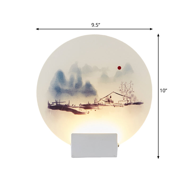 White Circular Mountain Mural Light Oriental Style LED Acrylic Wall Lighting Fixture Clearhalo 'Wall Lamps & Sconces' 'Wall Lights' Lighting' 1193213