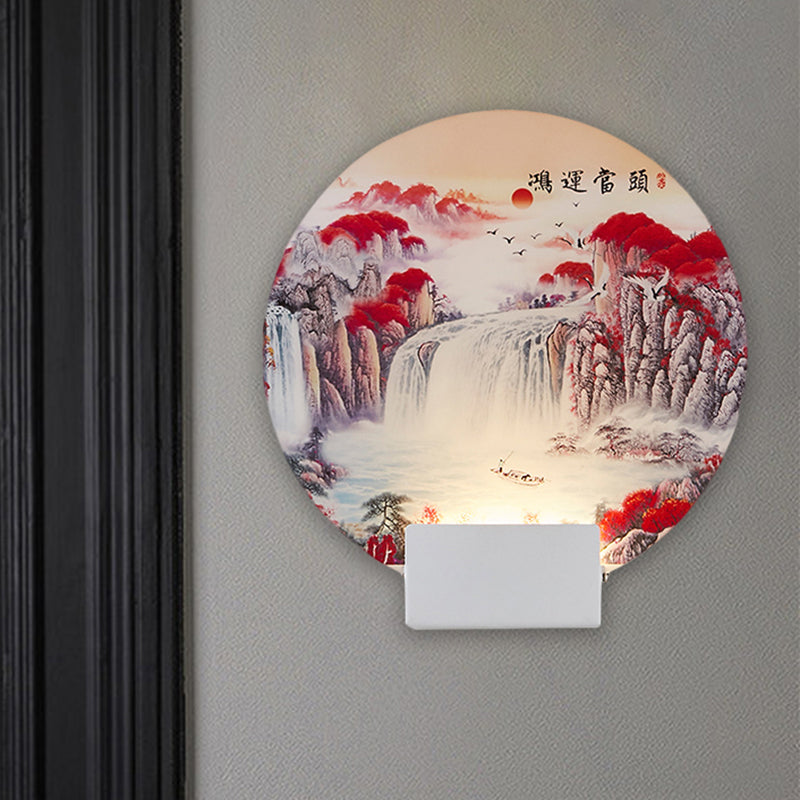 White Circular Mountain Mural Light Oriental Style LED Acrylic Wall Lighting Fixture Clearhalo 'Wall Lamps & Sconces' 'Wall Lights' Lighting' 1193214