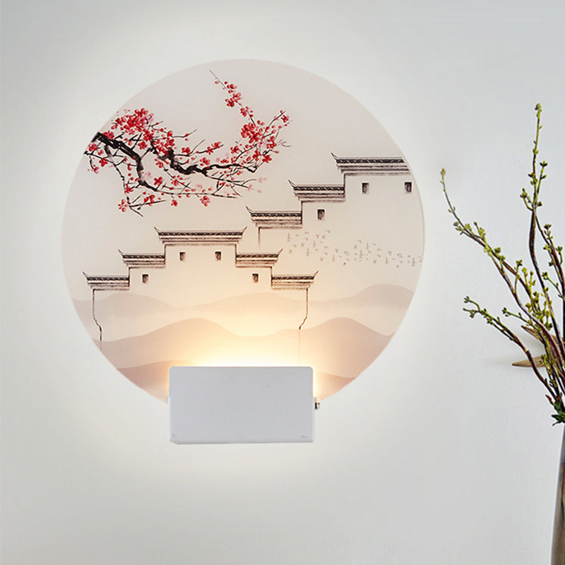 White Circular Mountain Mural Light Oriental Style LED Acrylic Wall Lighting Fixture White C Clearhalo 'Wall Lamps & Sconces' 'Wall Lights' Lighting' 1193219