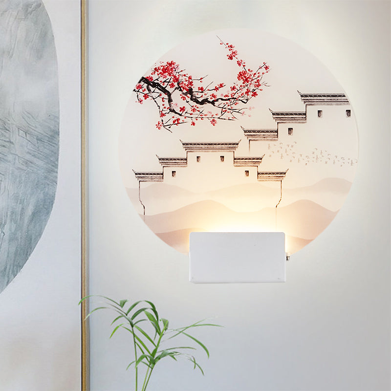 White Circular Mountain Mural Light Oriental Style LED Acrylic Wall Lighting Fixture Clearhalo 'Wall Lamps & Sconces' 'Wall Lights' Lighting' 1193220