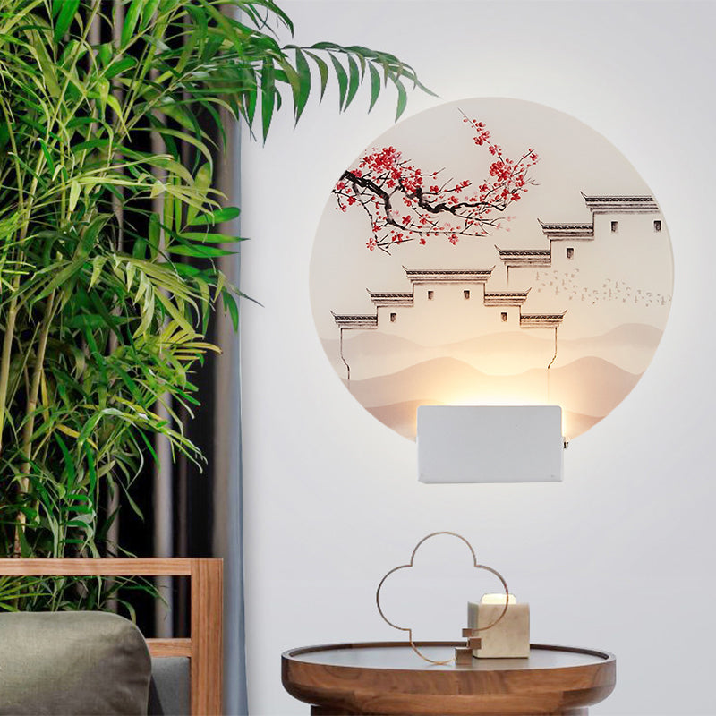 White Circular Mountain Mural Light Oriental Style LED Acrylic Wall Lighting Fixture Clearhalo 'Wall Lamps & Sconces' 'Wall Lights' Lighting' 1193221