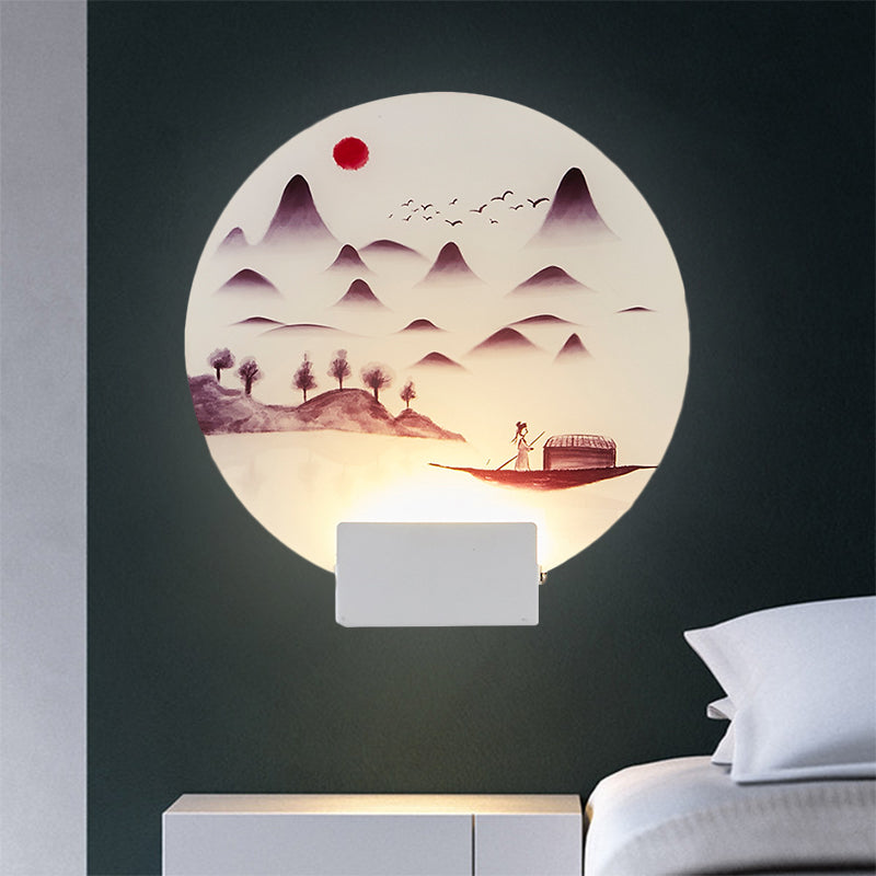 White Circular Mountain Mural Light Oriental Style LED Acrylic Wall Lighting Fixture Clearhalo 'Wall Lamps & Sconces' 'Wall Lights' Lighting' 1193225