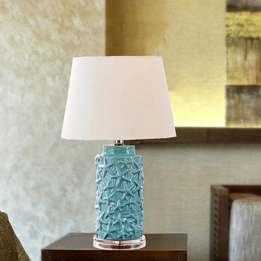 Blue Barrel Shade Desk Light Traditional Fabric 1 Light Study Room Nightstand Lamp for Bedroom Clearhalo 'Lamps' 'Table Lamps' Lighting' 1193614