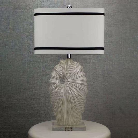 Fabric Black-White Table Light Rectangular Shade 1 Head Antiqued Style Table Lamp with Shell Porcelain Base Clearhalo 'Lamps' 'Table Lamps' Lighting' 1193618