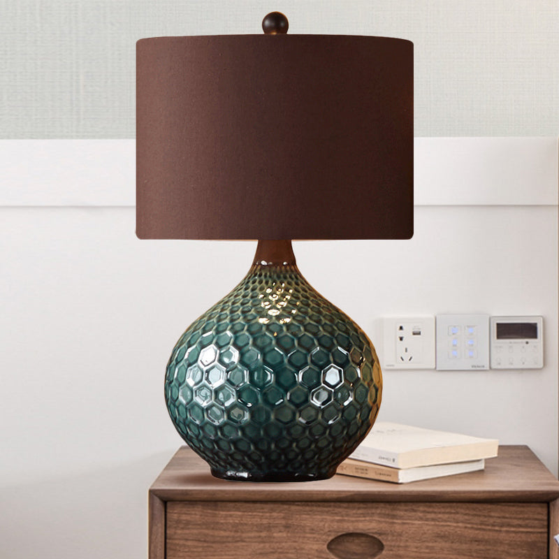 11"/14" Width Coffee 1 Light Desk Light Antiqued Style Fabric Drum Shade Nightstand Lamp Coffee 14" Clearhalo 'Lamps' 'Table Lamps' Lighting' 1193629