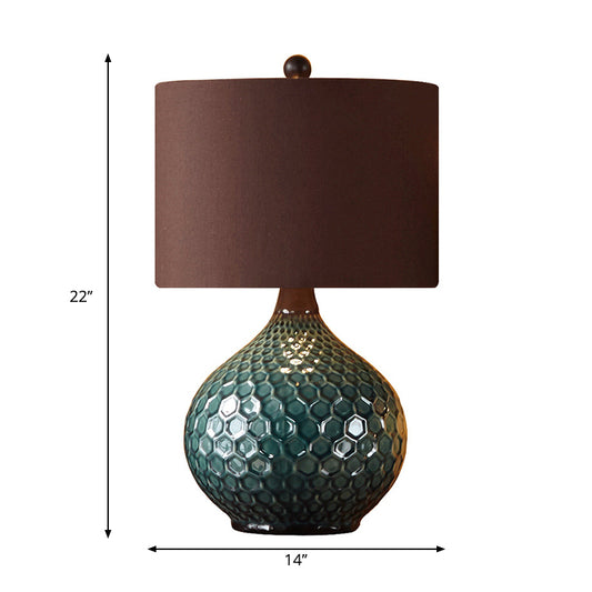 11"/14" Width Coffee 1 Light Desk Light Antiqued Style Fabric Drum Shade Nightstand Lamp Clearhalo 'Lamps' 'Table Lamps' Lighting' 1193632