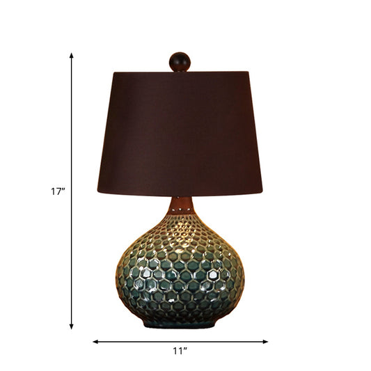 11"/14" Width Coffee 1 Light Desk Light Antiqued Style Fabric Drum Shade Nightstand Lamp Clearhalo 'Lamps' 'Table Lamps' Lighting' 1193637