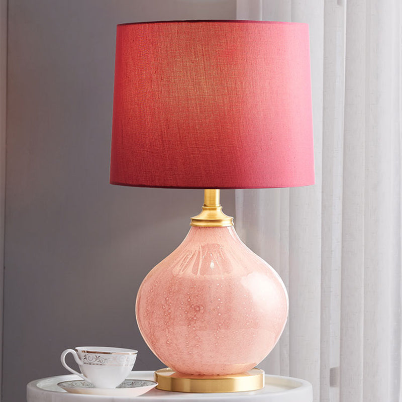 Drum Fabric Shade Table Light Traditional Style 1 Bulb Living Room Night Stand Lamp in Pink Pink Clearhalo 'Lamps' 'Table Lamps' Lighting' 1193657