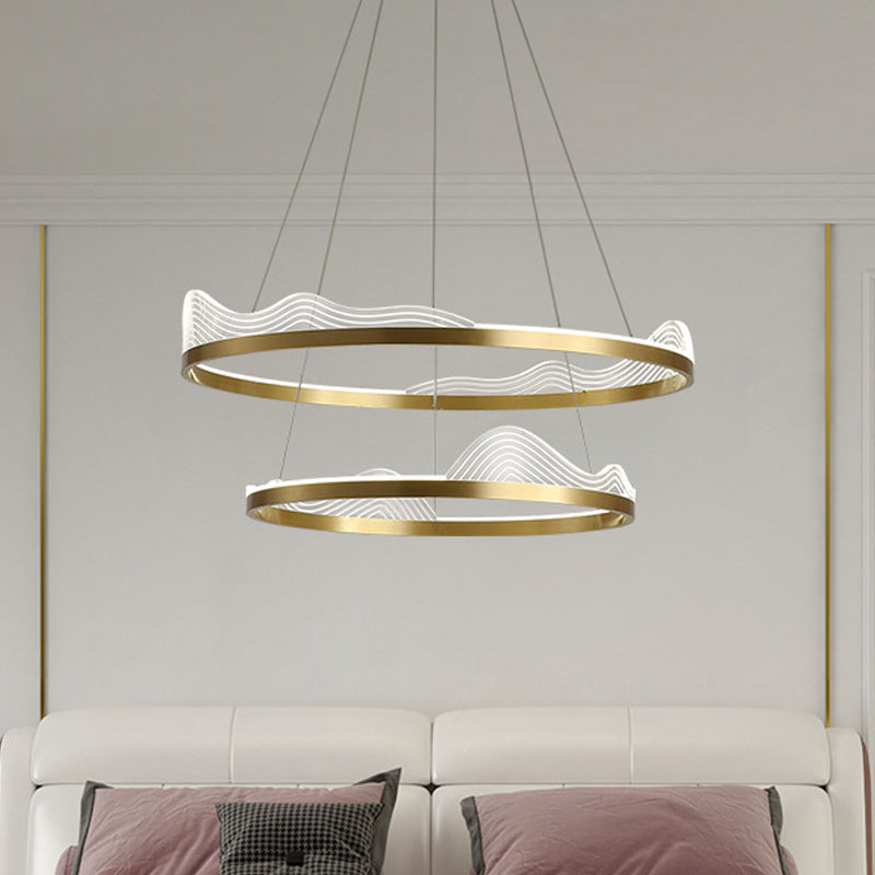 2-Tier Hoop Bedroom Pendant Chandelier Metallic LED Modern Ceiling Hang Fixture in Gold, White/Warm/Natural Light Gold Clearhalo 'Ceiling Lights' 'Chandeliers' 'Modern Chandeliers' 'Modern' Lighting' 1193673