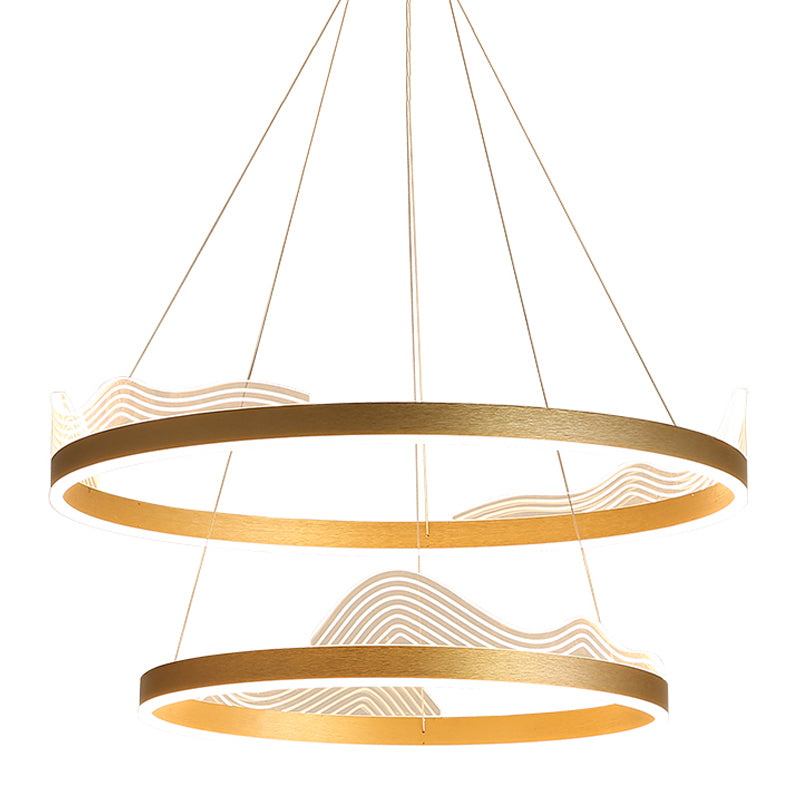 2-Tier Hoop Bedroom Pendant Chandelier Metallic LED Modern Ceiling Hang Fixture in Gold, White/Warm/Natural Light Clearhalo 'Ceiling Lights' 'Chandeliers' 'Modern Chandeliers' 'Modern' Lighting' 1193675
