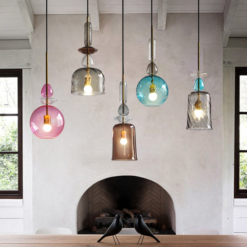 Pink/Blue/Amber Globe/Cylindrical/Dome Suspension Pendant Modernist 1 Light Smooth/Water Glass Hanging Ceiling Light Clearhalo 'Ceiling Lights' 'Glass shade' 'Glass' 'Modern Pendants' 'Modern' 'Pendant Lights' 'Pendants' Lighting' 119370