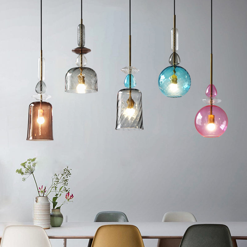 Pink/Blue/Amber Globe/Cylindrical/Dome Suspension Pendant Modernist 1 Light Smooth/Water Glass Hanging Ceiling Light Clearhalo 'Ceiling Lights' 'Glass shade' 'Glass' 'Modern Pendants' 'Modern' 'Pendant Lights' 'Pendants' Lighting' 119371