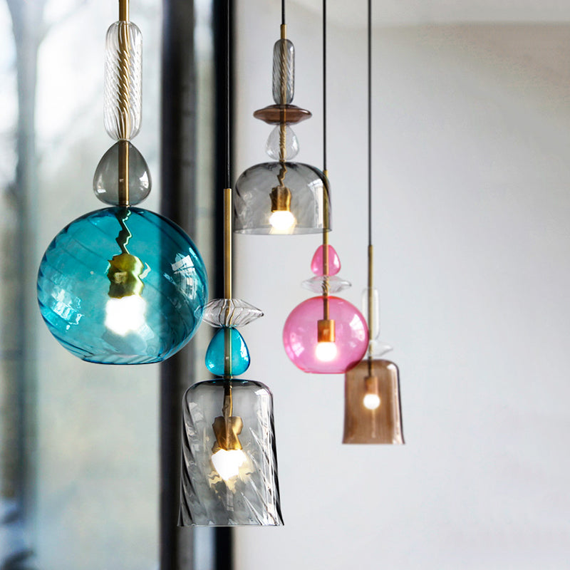 Pink/Blue/Amber Globe/Cylindrical/Dome Suspension Pendant Modernist 1 Light Smooth/Water Glass Hanging Ceiling Light Clearhalo 'Ceiling Lights' 'Glass shade' 'Glass' 'Modern Pendants' 'Modern' 'Pendant Lights' 'Pendants' Lighting' 119372