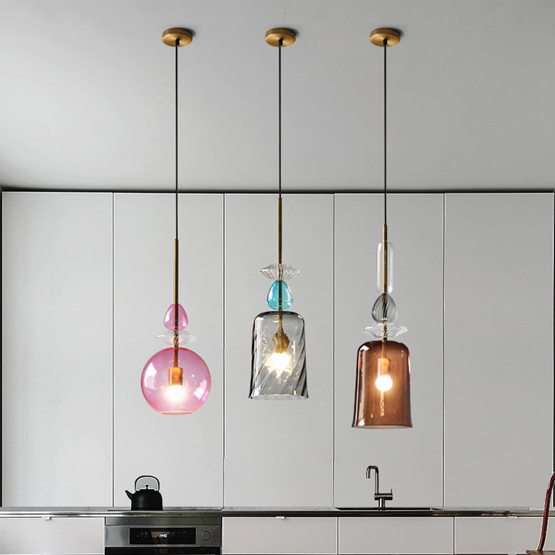 Pink/Blue/Amber Globe/Cylindrical/Dome Suspension Pendant Modernist 1 Light Smooth/Water Glass Hanging Ceiling Light Clearhalo 'Ceiling Lights' 'Glass shade' 'Glass' 'Modern Pendants' 'Modern' 'Pendant Lights' 'Pendants' Lighting' 119373