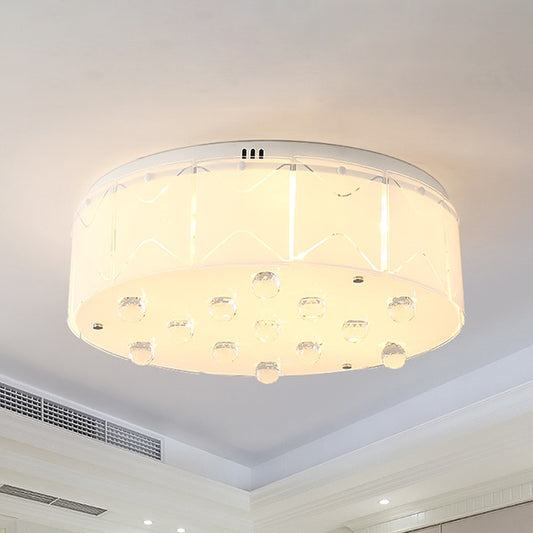 6 Bulbs Drum Flush Mount Modern White Frosted Glass Ceiling Light with Crystal Orb Drop White Clearhalo 'Ceiling Lights' 'Close To Ceiling Lights' 'Close to ceiling' 'Flush mount' Lighting' 1194152