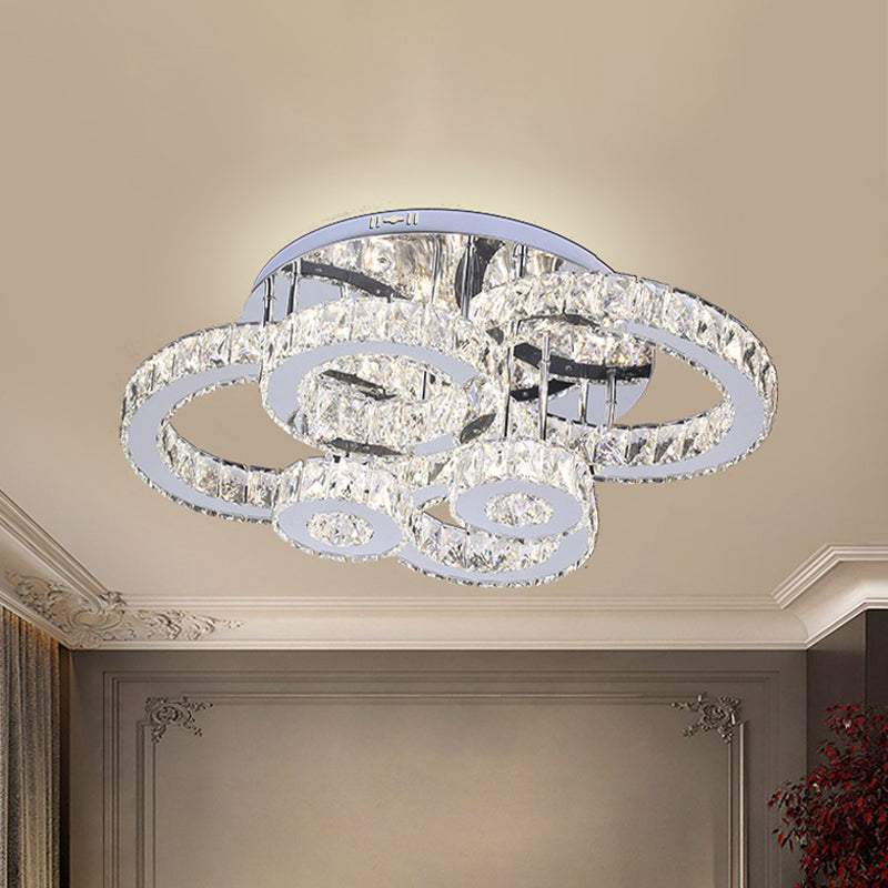 Crystal Multi-Rings Ceiling Lighting Contemporary Bedroom LED Semi-Flush Mount Light in Stainless Steel Stainless-Steel Clearhalo 'Ceiling Lights' 'Close To Ceiling Lights' 'Close to ceiling' 'Semi-flushmount' Lighting' 1194224