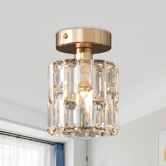 1 Bulb Cylinder Small Flush Light Postmodern Clear/Smoke Grey Crystal Semi Flush Mount Ceiling Light Clearhalo 'Ceiling Lights' 'Close To Ceiling Lights' 'Close to ceiling' 'Semi-flushmount' Lighting' 1194298