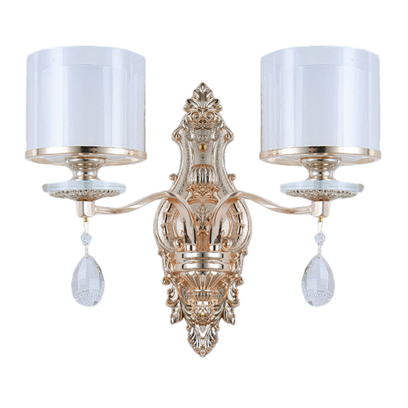 2-Light Wall Sconce Lighting Modern Double Cylinder Clear and Frosted Glass Wall Mounted Lamp in Gold Clearhalo 'Modern wall lights' 'Modern' 'Wall Lamps & Sconces' 'Wall Lights' Lighting' 1194322