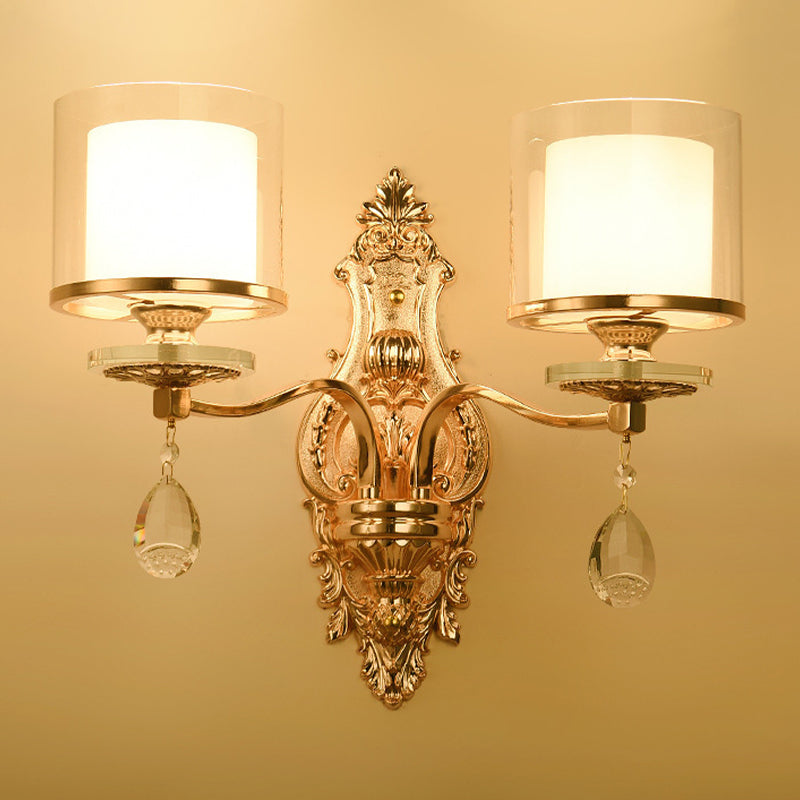 2-Light Wall Sconce Lighting Modern Double Cylinder Clear and Frosted Glass Wall Mounted Lamp in Gold Clearhalo 'Modern wall lights' 'Modern' 'Wall Lamps & Sconces' 'Wall Lights' Lighting' 1194323