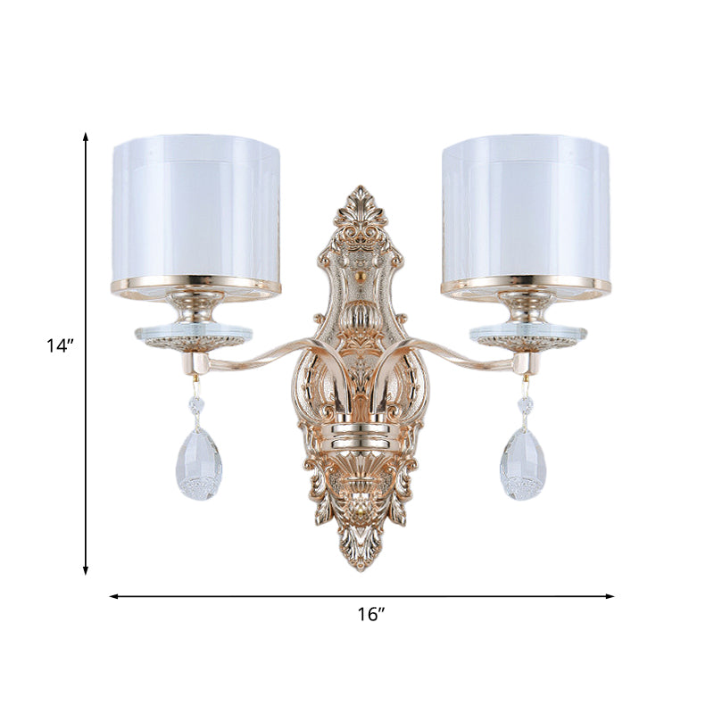 2-Light Wall Sconce Lighting Modern Double Cylinder Clear and Frosted Glass Wall Mounted Lamp in Gold Clearhalo 'Modern wall lights' 'Modern' 'Wall Lamps & Sconces' 'Wall Lights' Lighting' 1194324