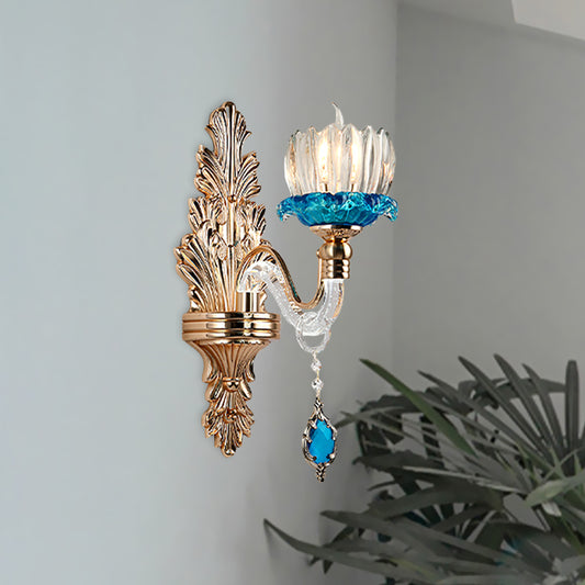 Crystal Flowerbud Wall Light Fixture Antique 1-Light Living Room Wall Mount Lighting in Blue Clearhalo 'Wall Lamps & Sconces' 'Wall Lights' Lighting' 1194326