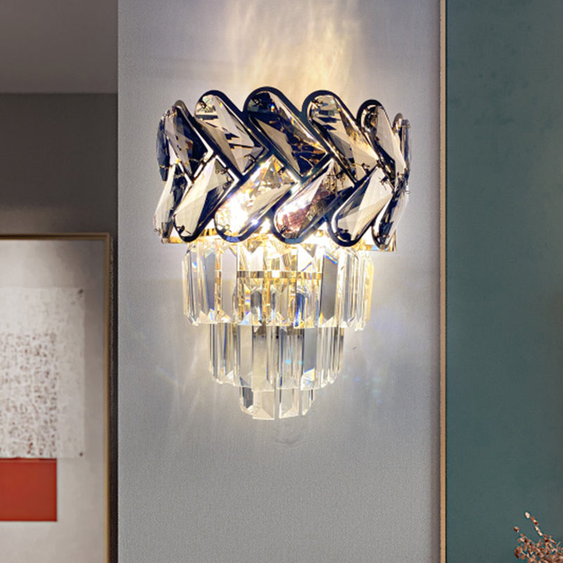2 Lights Clear Crystal Flush Wall Sconce Modernist Black 4-Tier Tapered Family Room Wall Mounted Light Clear Clearhalo 'Cast Iron' 'Glass' 'Industrial' 'Modern wall lights' 'Modern' 'Tiffany' 'Traditional wall lights' 'Wall Lamps & Sconces' 'Wall Lights' Lighting' 1194329