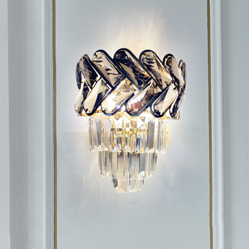 2 Lights Clear Crystal Flush Wall Sconce Modernist Black 4-Tier Tapered Family Room Wall Mounted Light Clearhalo 'Cast Iron' 'Glass' 'Industrial' 'Modern wall lights' 'Modern' 'Tiffany' 'Traditional wall lights' 'Wall Lamps & Sconces' 'Wall Lights' Lighting' 1194330