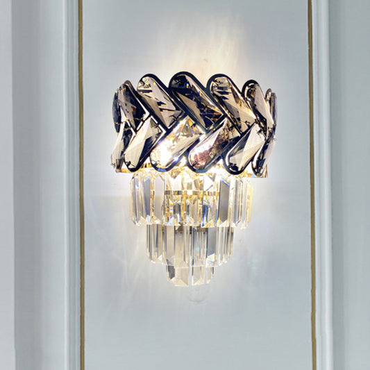 2 Lights Clear Crystal Flush Wall Sconce Modernist Black 4-Tier Tapered Family Room Wall Mounted Light Clearhalo 'Cast Iron' 'Glass' 'Industrial' 'Modern wall lights' 'Modern' 'Tiffany' 'Traditional wall lights' 'Wall Lamps & Sconces' 'Wall Lights' Lighting' 1194330