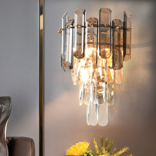Single-Bulb Wall Light Sconce Modern Tiered Clear and Smoke Grey Cut Crystal Wall Lighting Fixture Clear Clearhalo 'Cast Iron' 'Glass' 'Industrial' 'Modern wall lights' 'Modern' 'Tiffany' 'Traditional wall lights' 'Wall Lamps & Sconces' 'Wall Lights' Lighting' 1194333