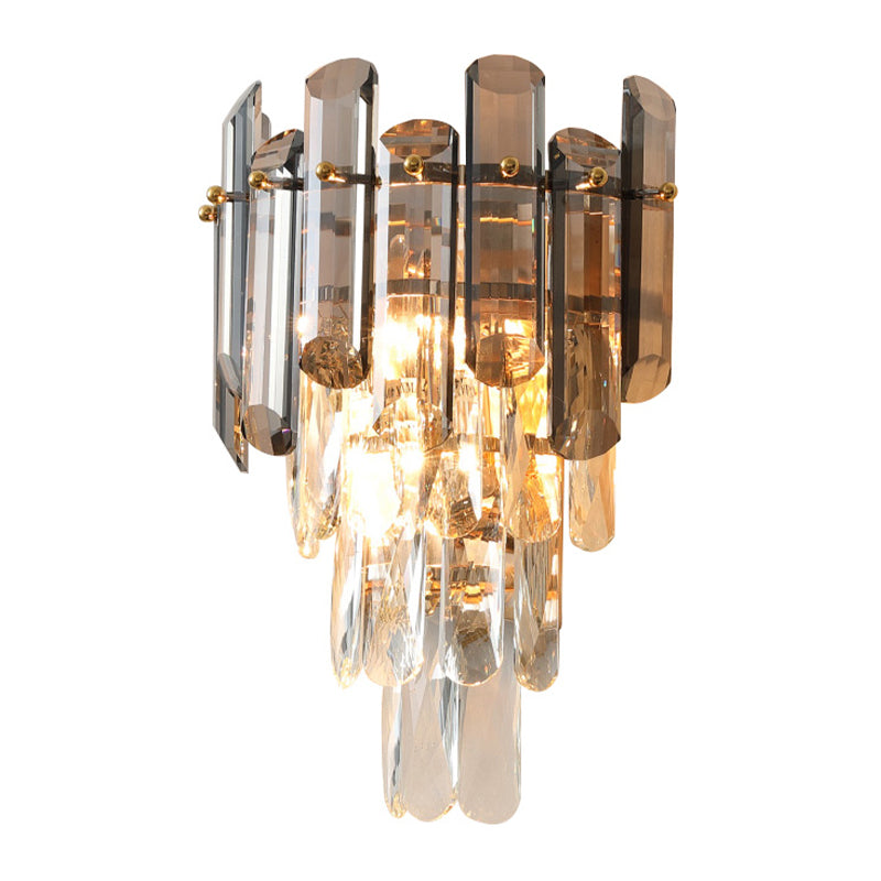 Single-Bulb Wall Light Sconce Modern Tiered Clear and Smoke Grey Cut Crystal Wall Lighting Fixture Clearhalo 'Cast Iron' 'Glass' 'Industrial' 'Modern wall lights' 'Modern' 'Tiffany' 'Traditional wall lights' 'Wall Lamps & Sconces' 'Wall Lights' Lighting' 1194335