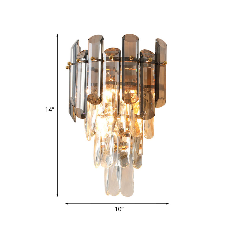 Single-Bulb Wall Light Sconce Modern Tiered Clear and Smoke Grey Cut Crystal Wall Lighting Fixture Clearhalo 'Cast Iron' 'Glass' 'Industrial' 'Modern wall lights' 'Modern' 'Tiffany' 'Traditional wall lights' 'Wall Lamps & Sconces' 'Wall Lights' Lighting' 1194336