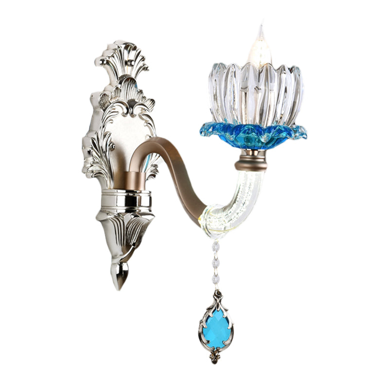 1/2-Head Lotus Wall Light Fixture Retro Blue and Clear Glass Sconce Lighting for Dining Room Clearhalo 'Wall Lamps & Sconces' 'Wall Lights' Lighting' 1194343