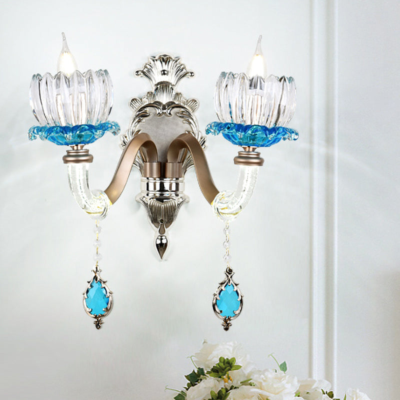 1/2-Head Lotus Wall Light Fixture Retro Blue and Clear Glass Sconce Lighting for Dining Room 2.0 Blue Clearhalo 'Wall Lamps & Sconces' 'Wall Lights' Lighting' 1194345