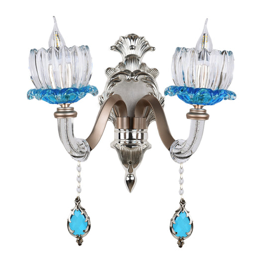 1/2-Head Lotus Wall Light Fixture Retro Blue and Clear Glass Sconce Lighting for Dining Room Clearhalo 'Wall Lamps & Sconces' 'Wall Lights' Lighting' 1194347