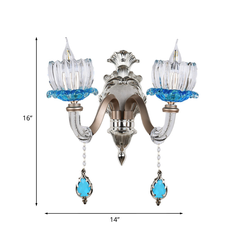 1/2-Head Lotus Wall Light Fixture Retro Blue and Clear Glass Sconce Lighting for Dining Room Clearhalo 'Wall Lamps & Sconces' 'Wall Lights' Lighting' 1194349